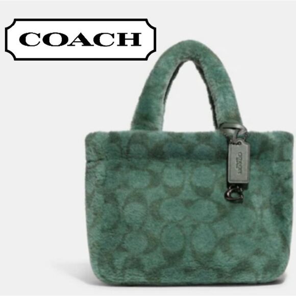 RETAIL Coach Signature Shearling Tote 22 in Green/Pewter - Picture 1 of 13